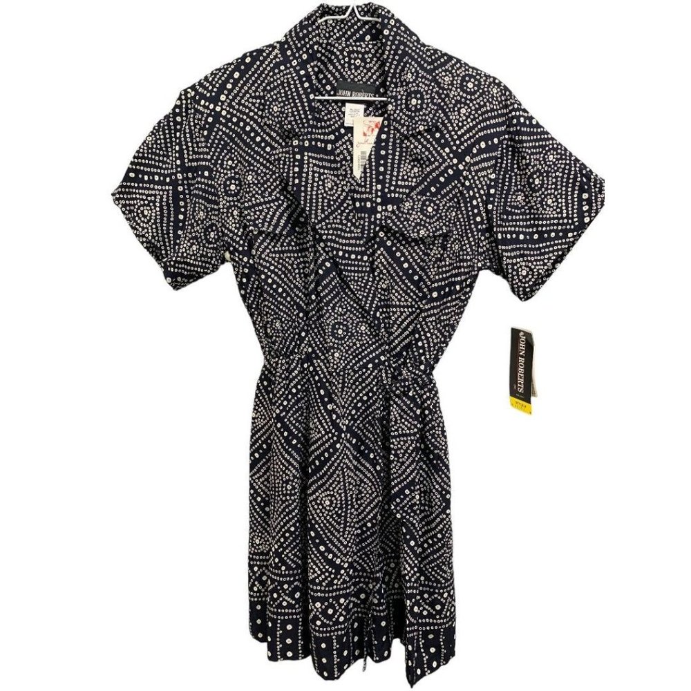 Size 6 John Roberts New Navy Blue Dot Wrap Dress 1980s Vintage
